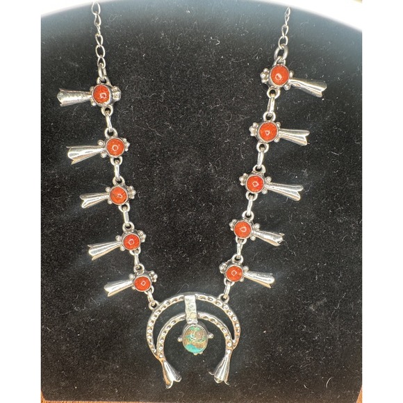 VINTAGE Navajo Sterling 18 Inch Red Coral Turquoise Squash Blossom Necklace - Picture 2 of 14